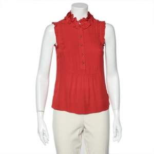 Pre Owned CH Carolina Herrera Red Silk Ruffle Neck Sleeveless Top XS