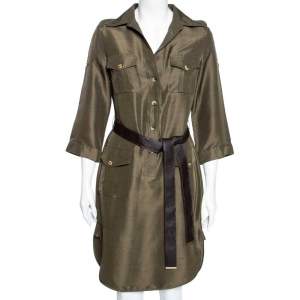 Pre Owned CH Carolina Herrera Olive Green Silk Belted Short Dress M 