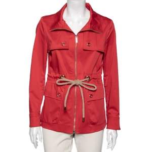 Pre Owned CH Carolina Herrera Red Cotton Waist Tie Detailed Zip Front Jacket M