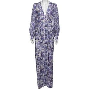 Pre Owned CH Carolina Herrera Blue Floral Printed Silk Faux Wrap Maxi Dress M