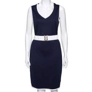 Pre Owned CH Carolina Herrera Navy Blue Cotton Sleeveless Belted Dress M