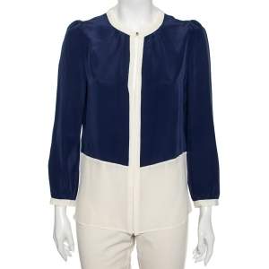 Pre Owned CH Carolina Herrera Blue Silk Contrast Paneled Blouse M