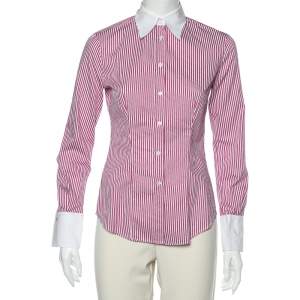 Pre Owned CH Carolina Herrera Pink Striped Cotton Contrast Trim Shirt S