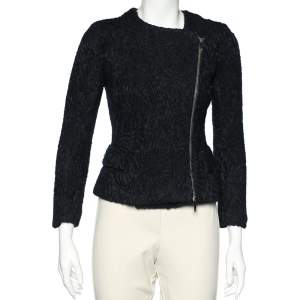 CH Carolina Herrera Navy Blue Floral Wool Jacquard Zip Front Jacket M