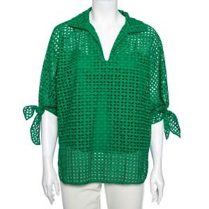 Pre Owned CH Carolina Herrera Green Cotton Eyelet Cut Top M