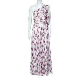 Pre Owned CH Carolina Herrera White Floral Printed Silk Chiffon Ruched One Shoulder Gown L