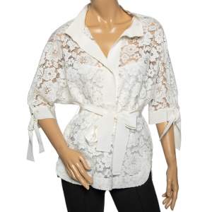 Pre Owned CH Carolina Herrera White Floral Lace Belted Tunic S