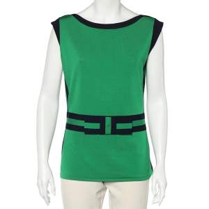 Pre Owned CH Carolina Herrera Green Knit Contrast Bow Detail Top L