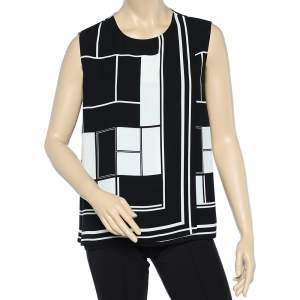 Pre Owned CH Carolina Herrera Monochrome Printed Crepe Overlap Detail Sleeveless Top L