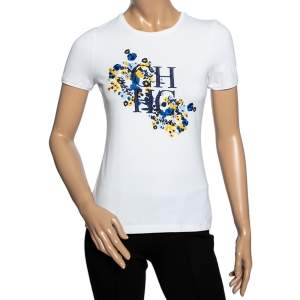 Pre Owned CH Carolina Herrera White Cotton Floral Embroidered Top M