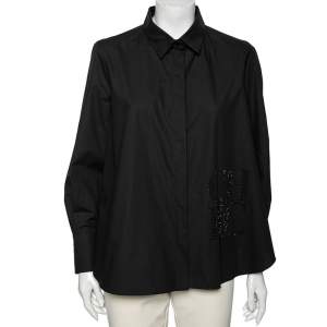 Pre Owned CH Carolina Herrera Black Cotton CH Crystal Embellished Shirt L