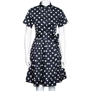Pre Owned CH Carolina Herrera Blue & White Polka Dot Printed Cotton Pleated Belted Dress XS