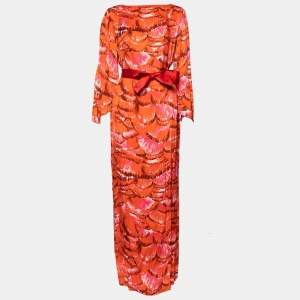 Pre Owned CH Carolina Herrera Red Printed Silk Side and Sleeve Slit Detailed Belted Dresses S