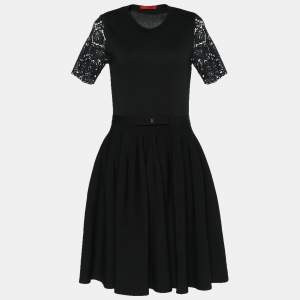 Pre Owned CH Carolina Herrera Black Knit & Lace Inset Bow Detail Dress M