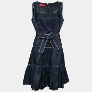 Pre Owned CH Carolina Herrera Navy Blue Belted Tiered Dress L