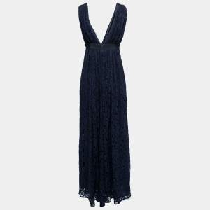 Pre Owned CH Carolina Herrera Navy Blue Floral Lace Draped Maxi Dress S
