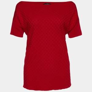 Pre Owned CH Carolina Herrera Red Check Patterned Jacquard Drop Shoulder Blouse L