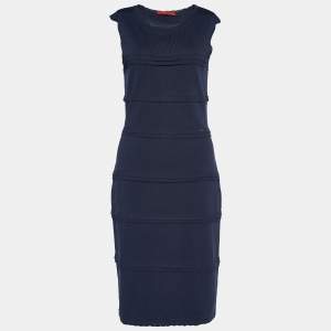 Pre Owned CH Carolina Herrera Navy Blue Knit Scalloped Trim Midi Dress M
