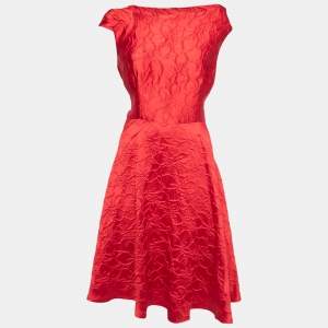 Pre Owned CH Carolina Herrera Red Floral Jacquard Sleeveless Flared Dress L