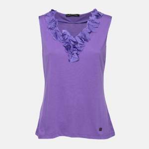 Pre Owned CH Carolina Herrera Purple Jersey Ruffled Neck Sleeveless Top