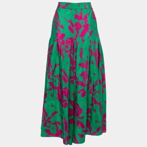 CH Carolina Herrera Green & Purple Printed Silk & Cotton Wide Leg Pants L