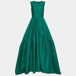 Pre Owned CH Carolina Herrera Green Floral Jacquard Trail Detail Flared Gown S