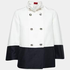 Pre Owned CH Carolina Herrera White & Navy Blue Textured Cotton Double Breasted Jacket S