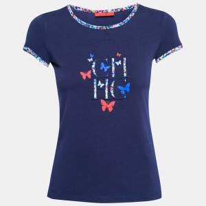 Pre Owned CH Carolina Herrera Navy Blue Cotton Floral Logo Embroidered T-Shirt XS