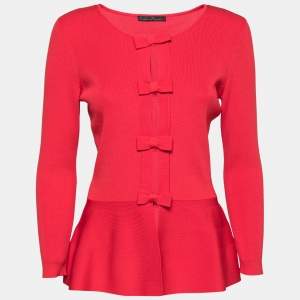 Pre Owned CH Carolina Herrera Red Knit Bow Detailed Front Long Sleeve Blouse S