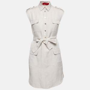 Pre Owned CH Carolina Herrera Beige Textured Linen Sleeveless Belted Mini Dress S