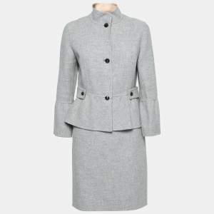 CH Carolina Herrera Grey Wool Button Front Peplum Jacket & Skirt Suit M