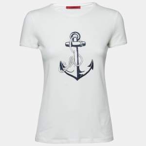 Pre Owned CH Carolina Herrera White Cotton Anchor Embroidered and Embellished Crew Neck Top XS