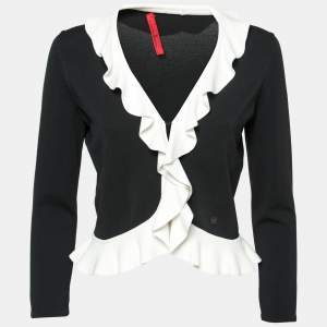 Pre Owned CH Carolina Herrera Black Knit Ruffle Trim Cardigan S