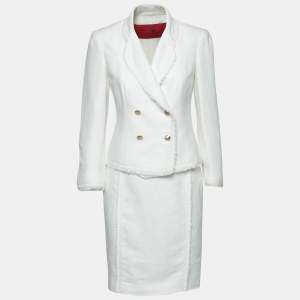 CH Carolina Herrera White Linen Frayed Edged Double Breasted Blazer & Skirt Set S
