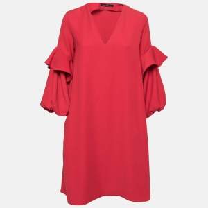 Pre Owned CH Carolina Herrera Red Crepe Ruffle Bishop Sleeve Dress S