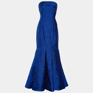 Pre Owned CH Carolina Herrera Blue Jacquard Strapless Flared Gown M