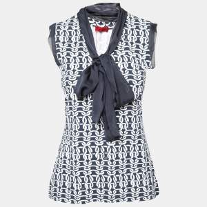 Pre Owned CH Carolina Herrera Blue Printed Cotton & Silk Trimmed Sleeveless Top S