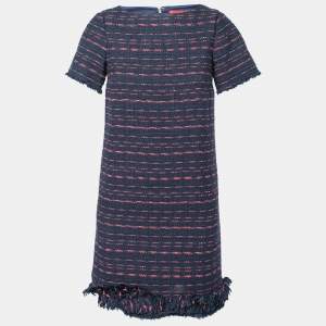 Pre Owned CH Carolina Herrera Navy Blue and Red Tweed Fringe Trim Dress XS