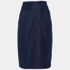 Pre Owned CH Carolina Herrera Navy Blue Dot Pattern Wool Blend Pleated Skirt L