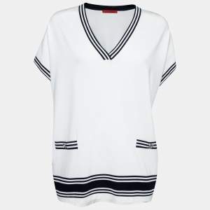 Pre Owned CH Carolina Herrera White Knit Pocket Detailed V-Neck Oversized Top XS