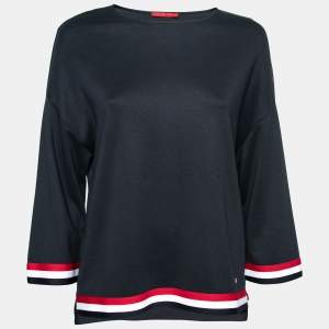 Pre Owned CH Carolina Herrera Navy Blue Knit Stripe Trimmed Oversized Top XS