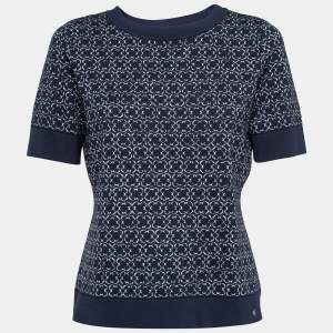Pre Owned CH Carolina Herrera Navy Blue Patterned Jacquard Knit Short Sleeve Top M