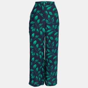 CH Carolina Herrera Navy Blue Leaf Printed Silk Wide Leg Trousers M Waist 31"