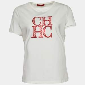 Pre Owned CH Carolina Herrera White Cotton Logo Embroidered Crew Neck T-Shirt L