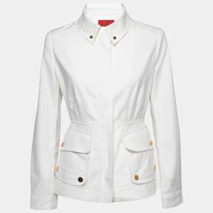 Pre Owned CH Carolina Herrera White Cotton Stretch Zip Front Peplum Jacket M