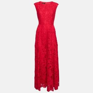 Pre Owned CH Carolina Herrera Red Floral Lace Sleeveless Maxi Dress L