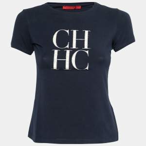 Pre Owned CH Carolina Herrera Navy Blue Cotton Logo Embroidered T-Shirt XS