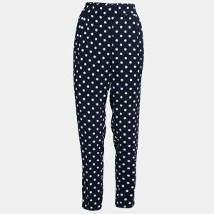CH Carolina Herrera Navy Blue Polka Dotted Crepe Tapered High Waist Trousers M