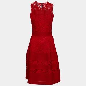 Pre Owned CH Carolina Herrera Red Floral Lace & Mesh Paneled Sleeveless Dress L