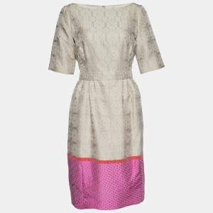 Pre Owned CH Carolina Herrera Cream Jacquard Contrast Detail Belted Midi Dress L